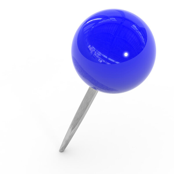 Blue pushpin on a white background.