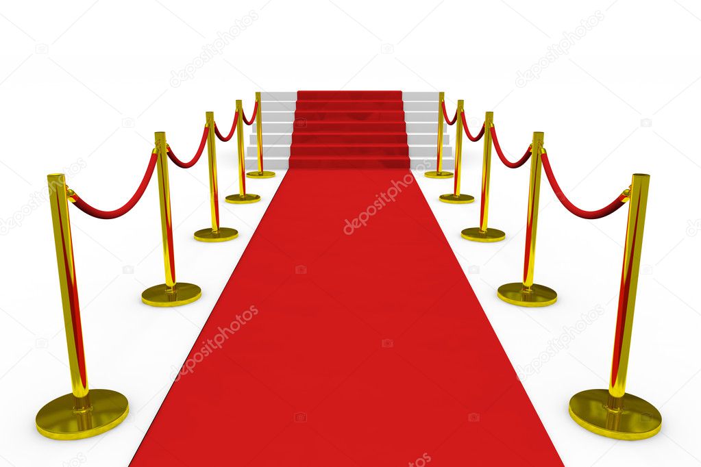 Staircase with red carpet on white background.