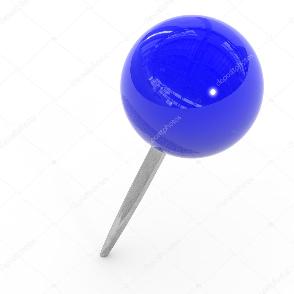 Blue pushpin on a white background.