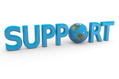 Blue word SUPPORT with 3D globe replacing letter O.