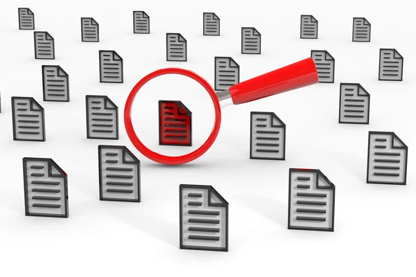 Vergrootglas over het rode document. informatie zoeken co — Stockfoto