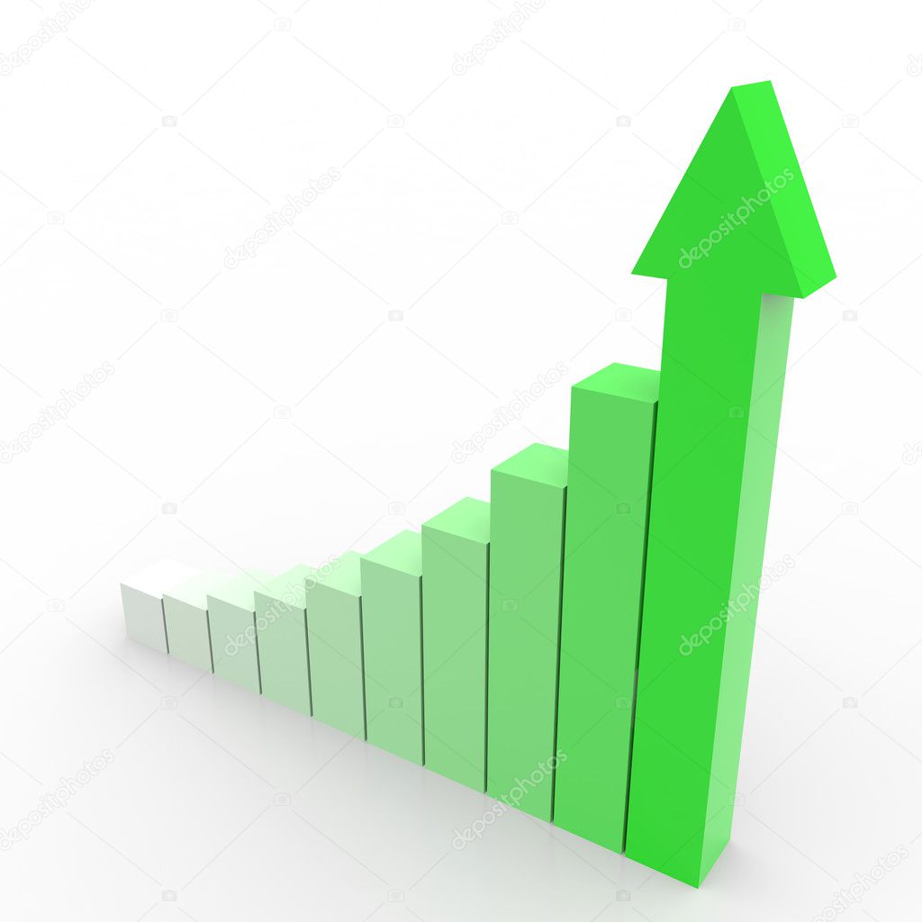 Business graph with going up green arrow.