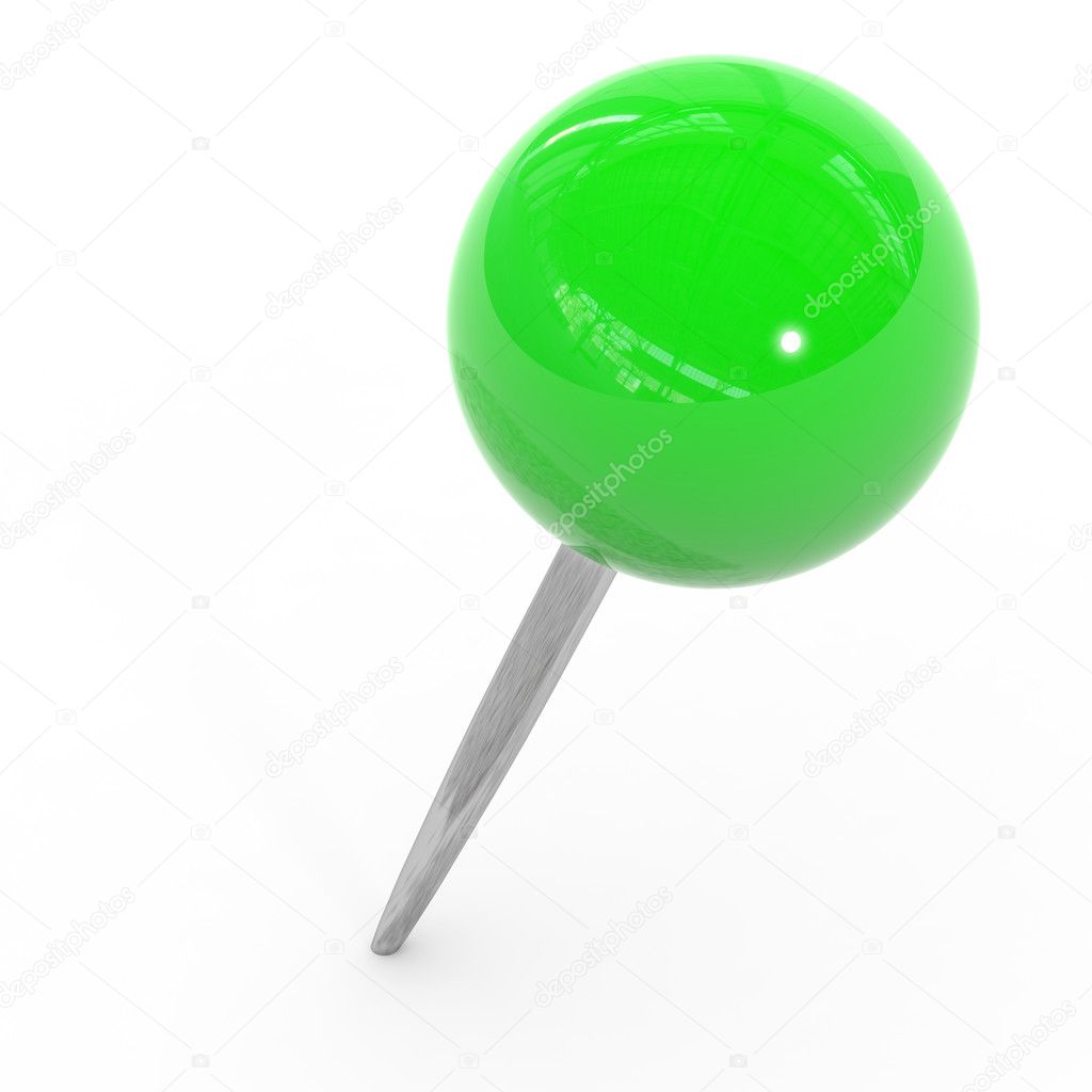 Green pushpin on a white background.