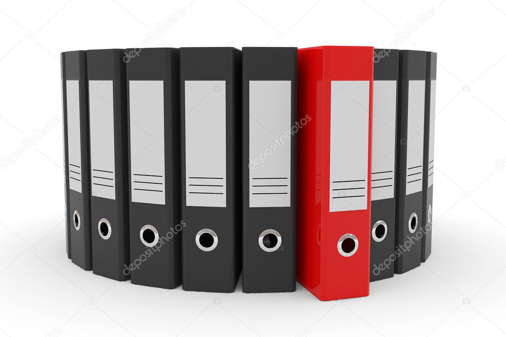 Circle of black office folders and one red.