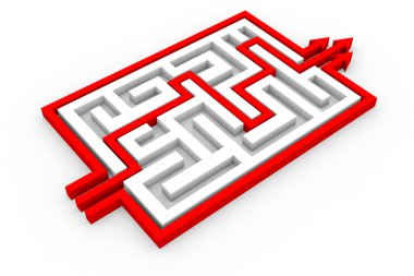 Red arrows going through the maze. Path across labyrinth. clipart