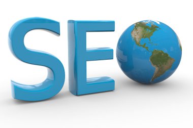 Blue word SEO with 3D globe replacing letter O. clipart