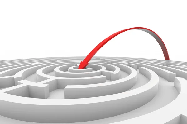 Pfeil springt zur Mitte des weißen Labyrinths. Erfolgskonzept. — Stockfoto