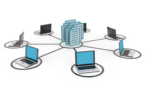 Абстрактна комп'ютерна мережа з ноутбуками, архівом або базою даних . Ліцензійні Стокові Зображення