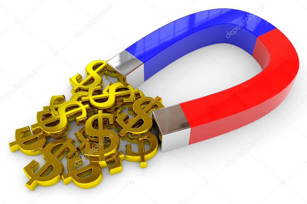 Horseshoe two color magnet attracts gold dollar signs