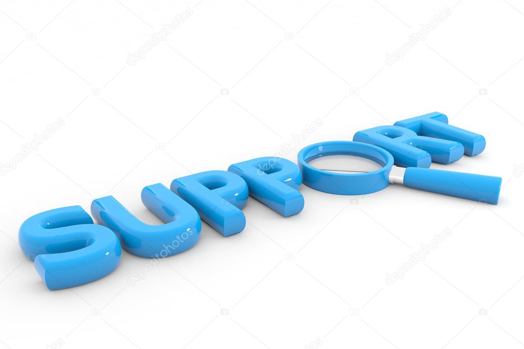 Blue word SUPPORT with magnifying glass replacing letter O
