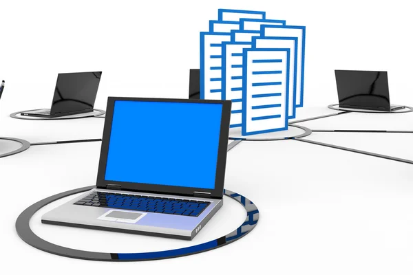 Rete di computer astratti con computer portatili e archivio o database . — Foto Stock