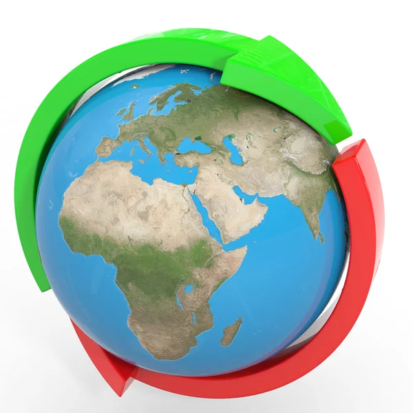 Red and green arrows around earth globe. Cycle. — Stock Photo, Image
