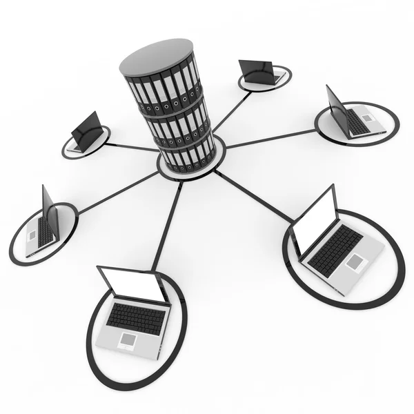 Abstraktes Computernetzwerk mit Laptops und Archiv oder Datenbank. Stockbild