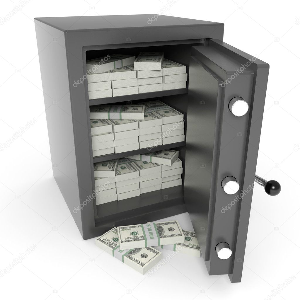 Open bank safe with dollars inside.