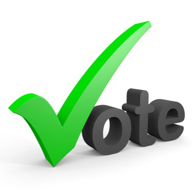 3D text vote. Green tick replacing letter V. clipart