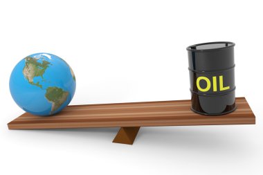 Oil barrel and earth globe on a scales. Computer generated image clipart