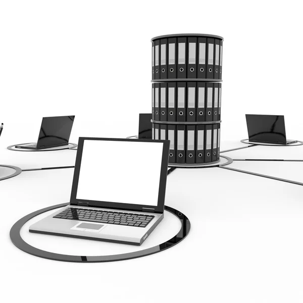 Rede de computadores abstrata com laptops e arquivo ou banco de dados . — Fotografia de Stock