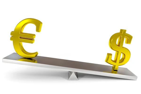 Dólar e sinais de euro em uma balança. Imagem gerada por computador . — Fotografia de Stock
