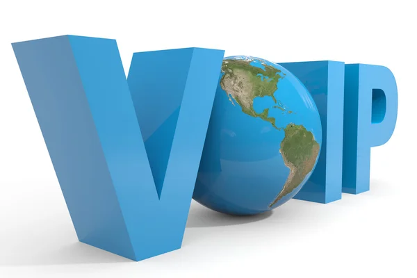 VoIP 3D-tekst. earth globe vervangt o brief. — Stockfoto