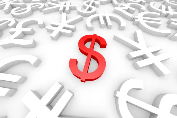 Red dollar sign around another currency signs. — Stock Photo, Image
