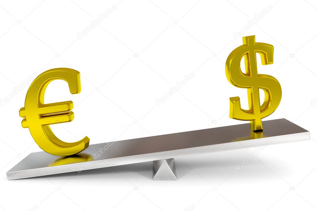Dollar and euro signs on a scales. Computer generated image.