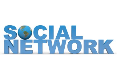 Social Network 3d text. Earth globe replacing letter O. clipart