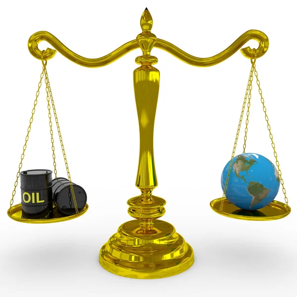 El barril de petróleo y el globo terrestre en una balanza . — Foto de Stock