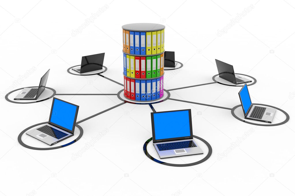 Abstract computer network with laptops and archive or database.