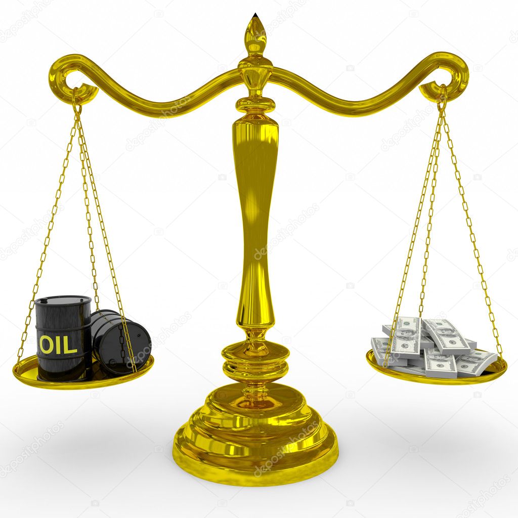 Oil barrel and dollars sing on a golden scales.
