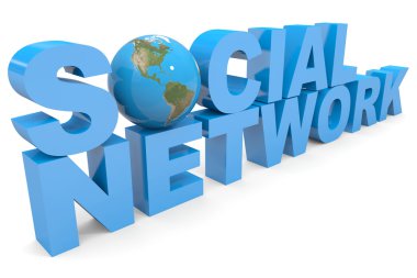 Social Network 3d text. Earth globe replacing letter O. clipart