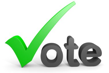 3D text vote. Green tick replacing letter V. clipart