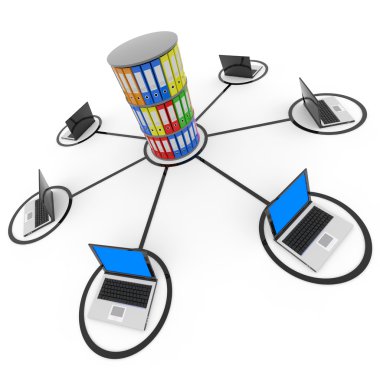 Abstract computer network with laptops and archive or database. clipart