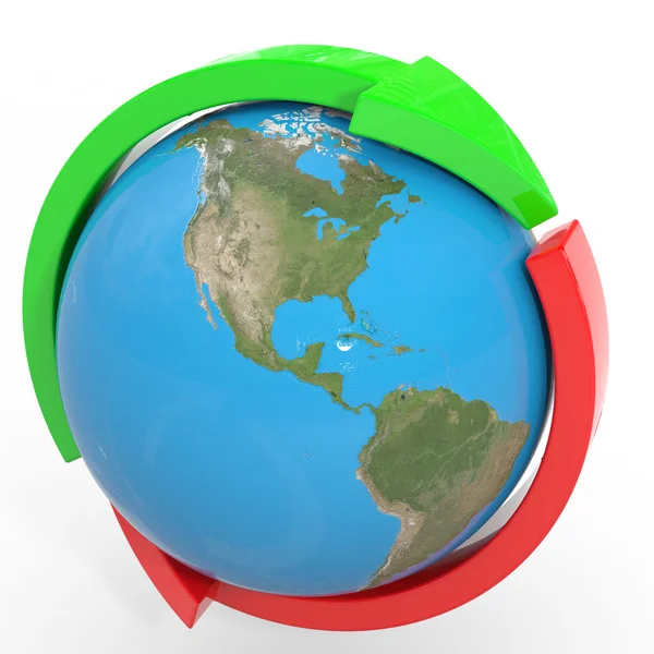 Red and green arrows around earth globe. Cycle. — Stock Photo, Image