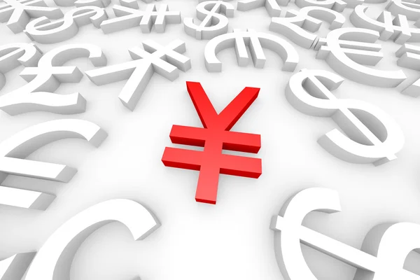 Yen rosso segno intorno a un altro segno di valuta . — Foto Stock