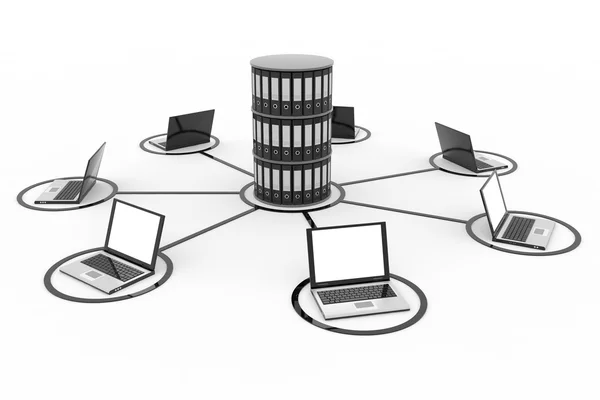 Abstracte computernetwerk met laptops en archief of database. — Stockfoto