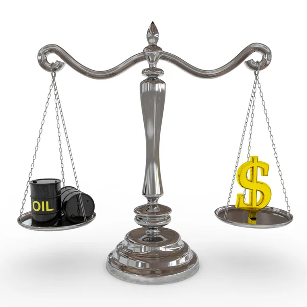 stock image Oil barrel and dollar sing on a scales.