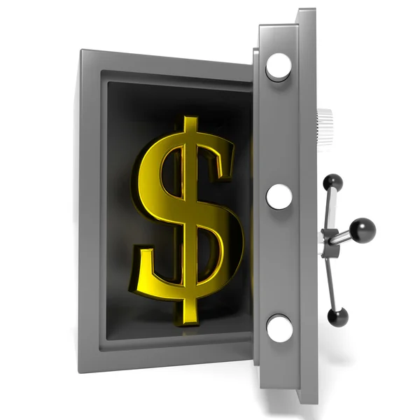 Open bank safe with gold dollar sign inside. — Stock Photo, Image