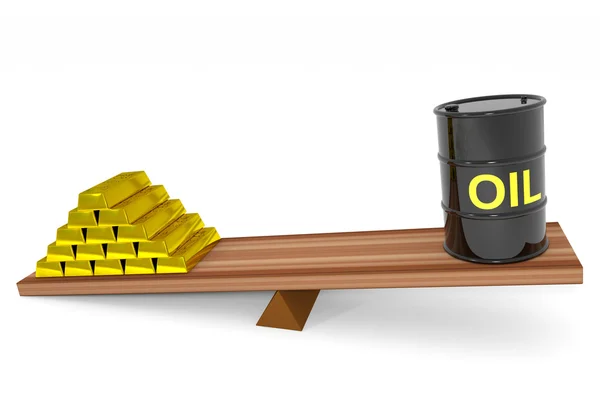 Baril de pétrole et lingots d'or sur une balance . — Photo