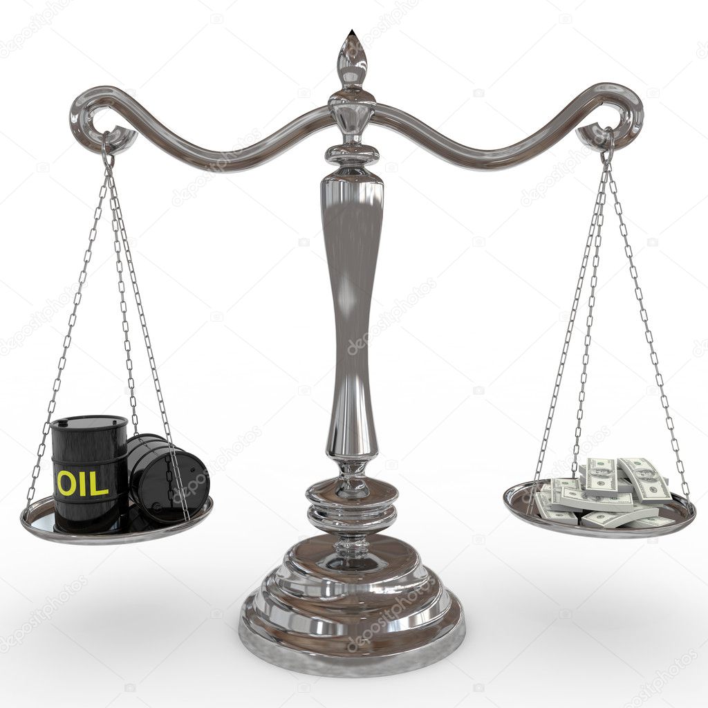 Oil barrel and dollars on a scales.