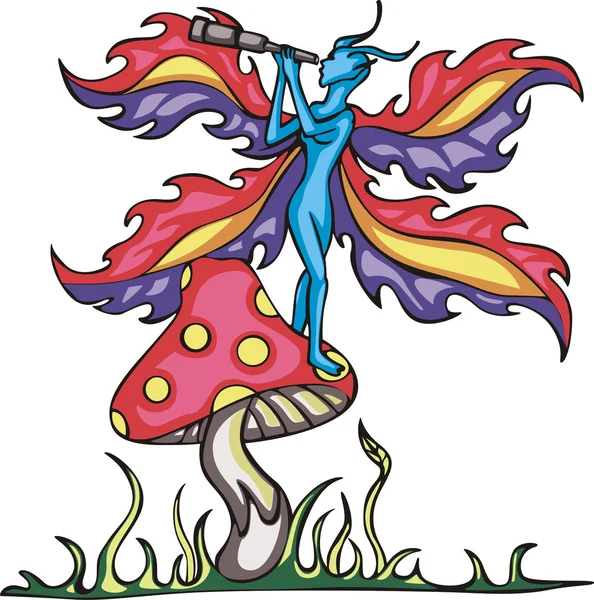 Эльф-фея на грибе с монокулярной трубкой — стоковый вектор