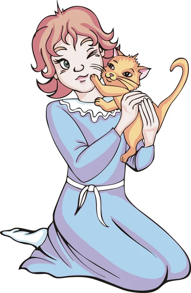 Belle fille avec chaton — Image vectorielle