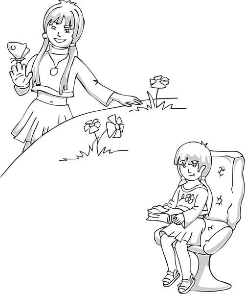 女孩-与字段上的蝴蝶和椅子上的书 — 图库矢量图片