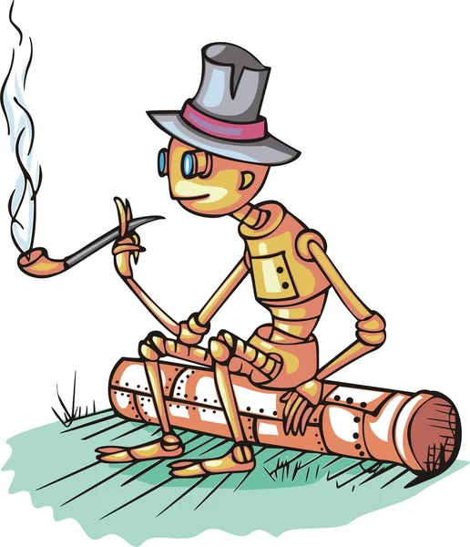 Robot zit op pijp en rookt — Stockvector