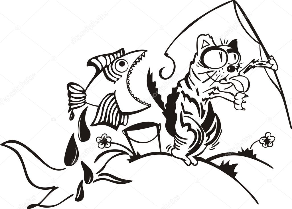 Cat fishing. Cartoon