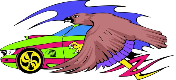 Coche de carreras con águila — Vector de stock