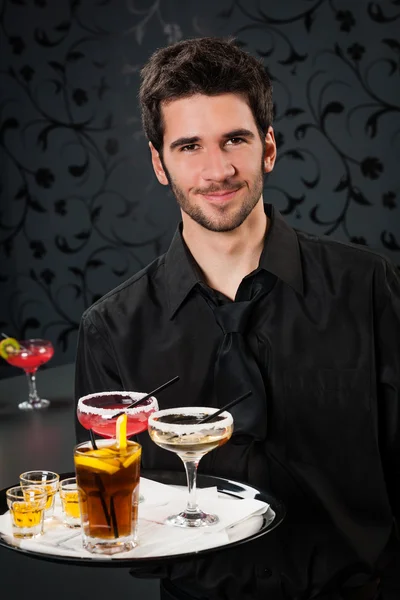 Professional barman cocktail bar hold serving tray — Stock Photo, Image