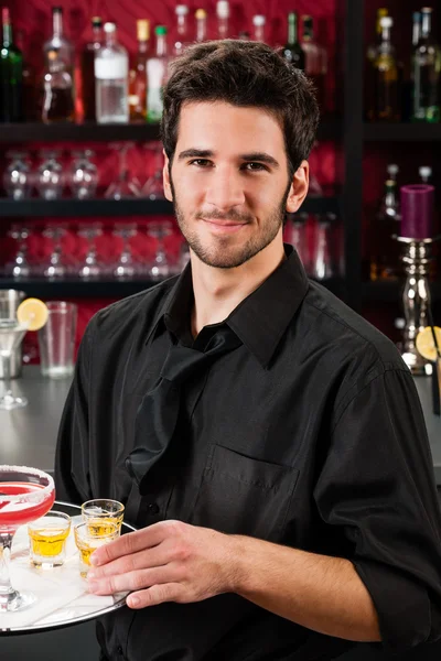 Professional barman cocktail bar hold serving tray — Stock Photo, Image