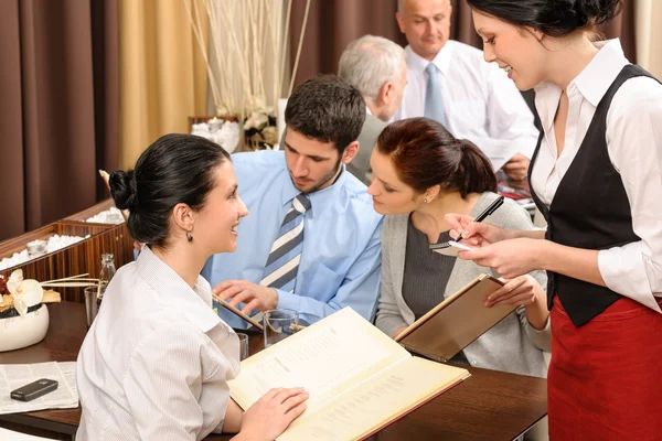 Business lunch waitress take order meal restaurant — Stock Photo, Image