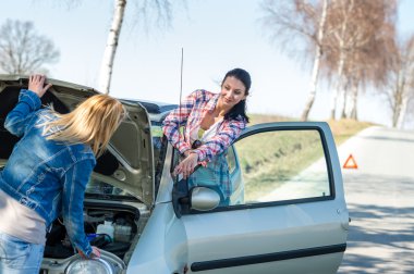 Starting broken car two women have problems clipart