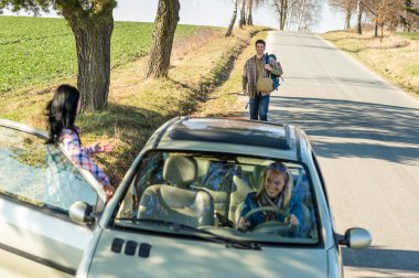 Hitch-hiking parked car girl friends offer lift clipart